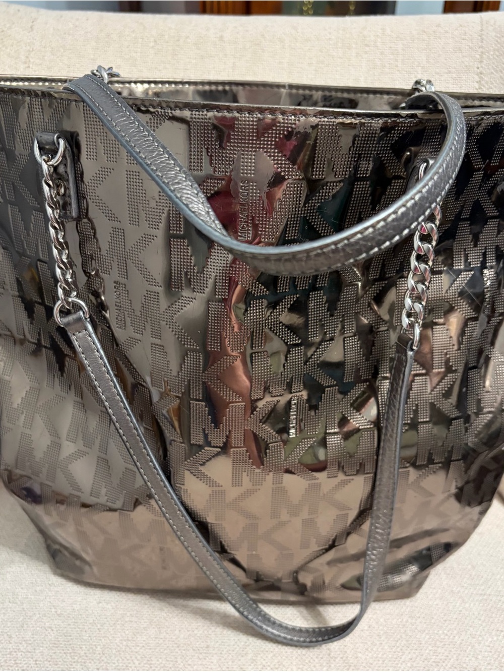 Michael Kors Reflective Gunmetal MK Logo Tote